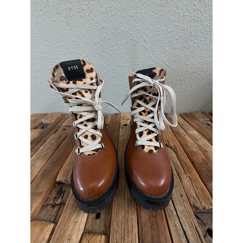 Steve Madden Boom Combat Boots Size 8M Brown Leopard Cow Hair Leather Lug Sole